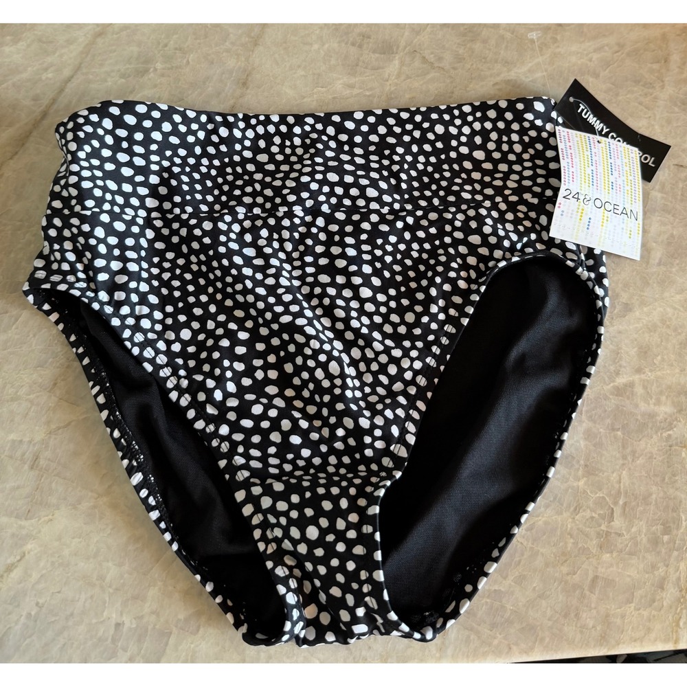 24th & Ocean Tummy Control Bikini Bottoms Black White Polka Dot TF2EB94 Small